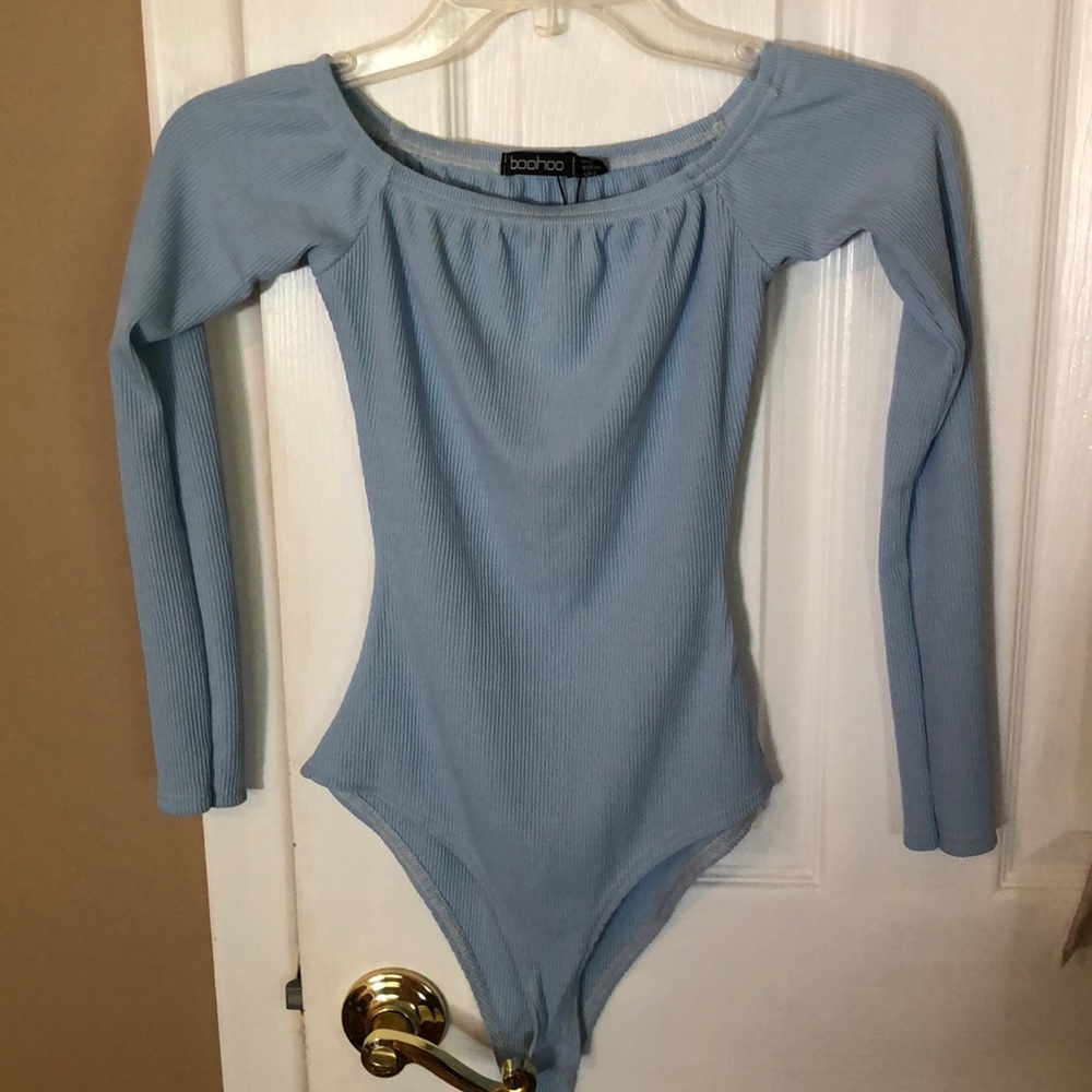 Baby blue long sleeve off the shoulder body suit